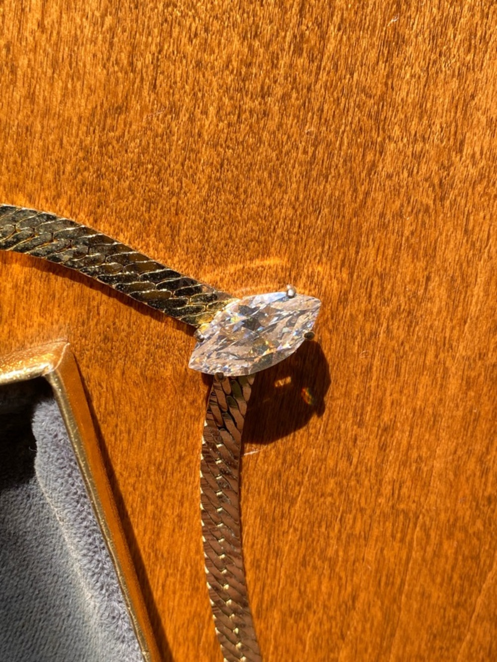 Gold-Tone Herringbone Necklace with Marquise Crystal Pendant - Picture 8 of 9